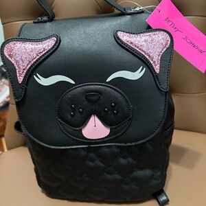 Betsey Johnson XO Buddy Dog Black Backpack with Pink Glitter Dog Design